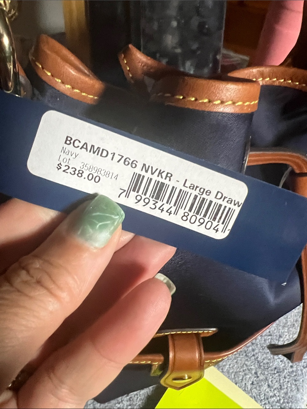 Dooney & Bourke Navy and Tan Leather-Trim Bucket Shoulder Bag - Picture 2 of 4